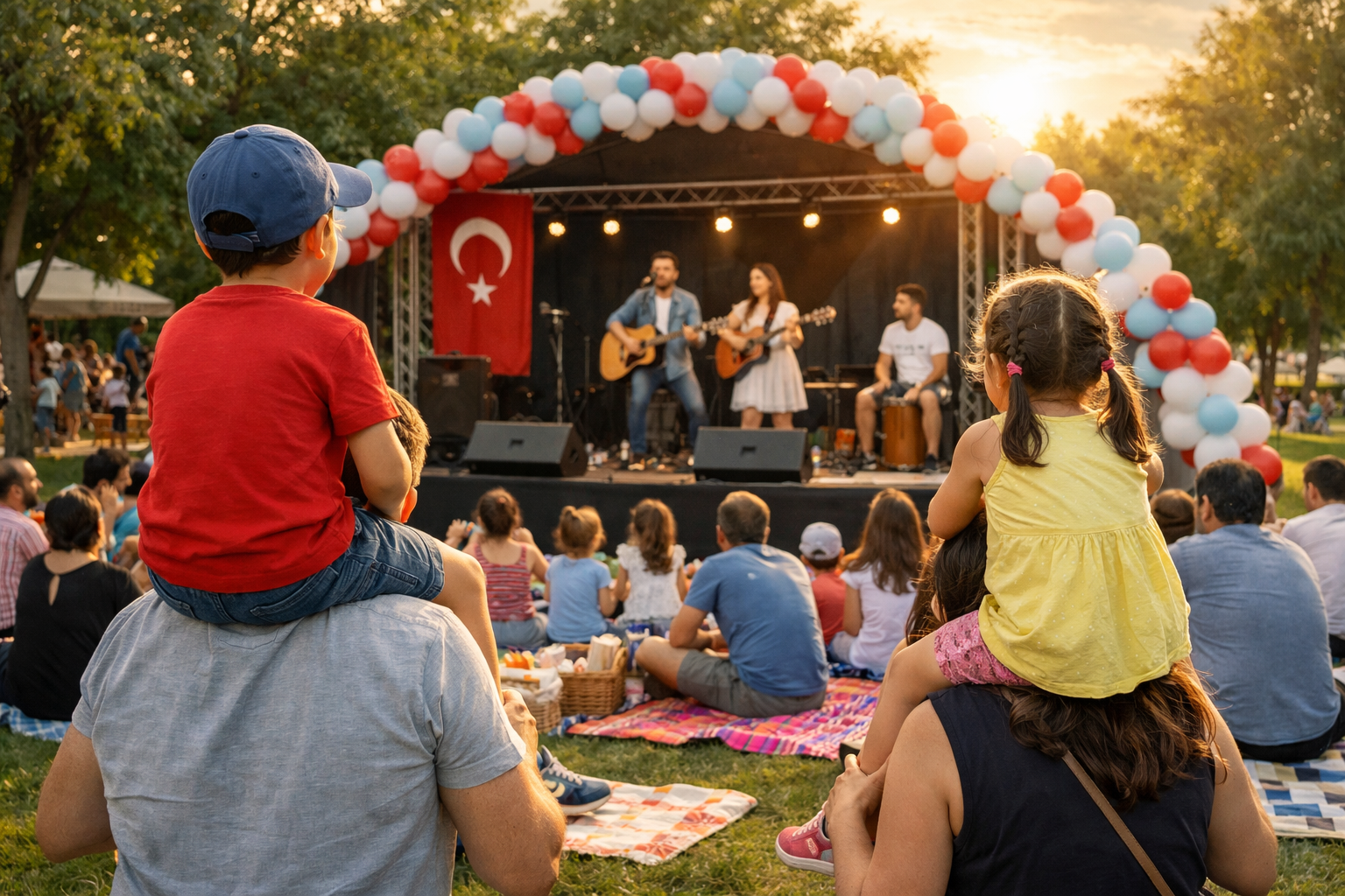 Acik havada aile ile birlikte konser izleyen seyirciler