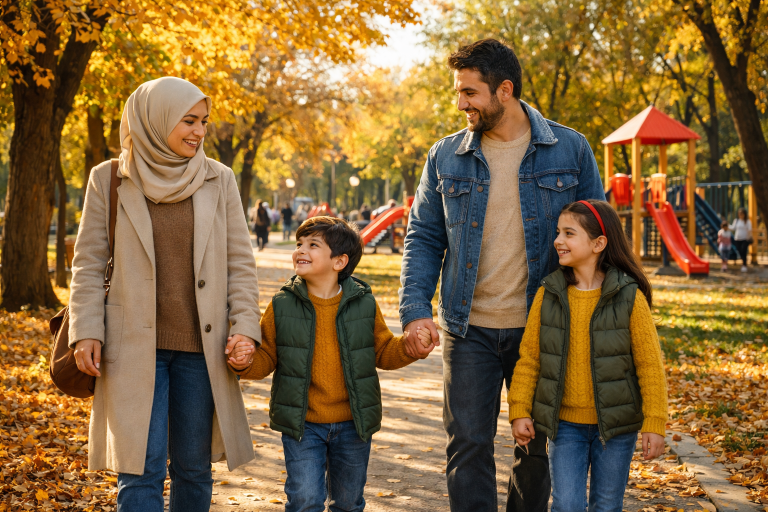 Parkta ailece yuruyus yapan bir aile