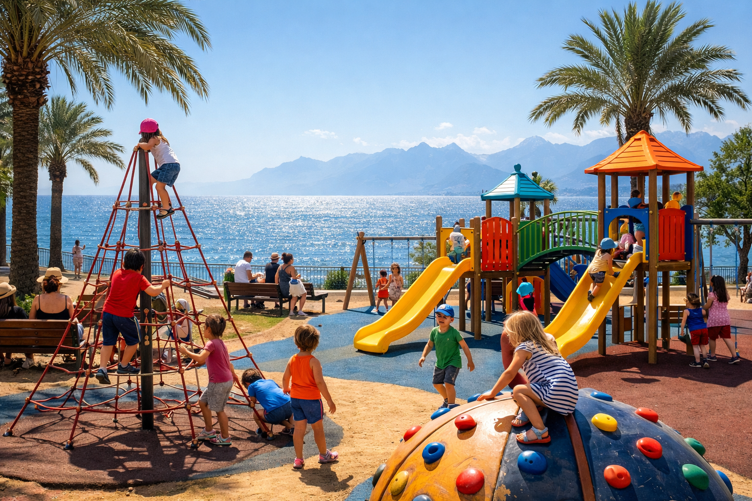 Antalya'da parkta oynayan cocuklar ve aileleri