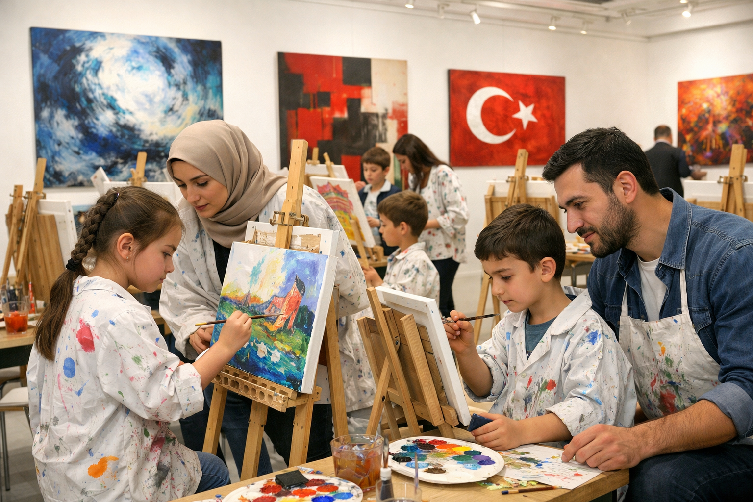 Sanat galerisinde eser inceleyen aile