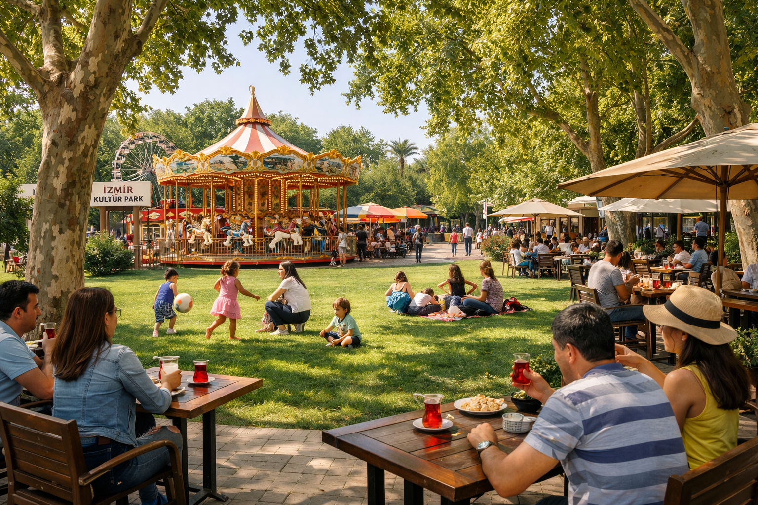 Izmir Kulturpark'ta yesillikler arasinda aile gezintisi
